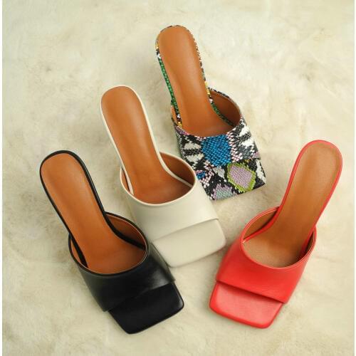 Retro Slippers Kitten Heels Shoes Women Fashion Square toe Summer Shoes Woman Red Multicolor Beige Black Open Toe Flop Flips