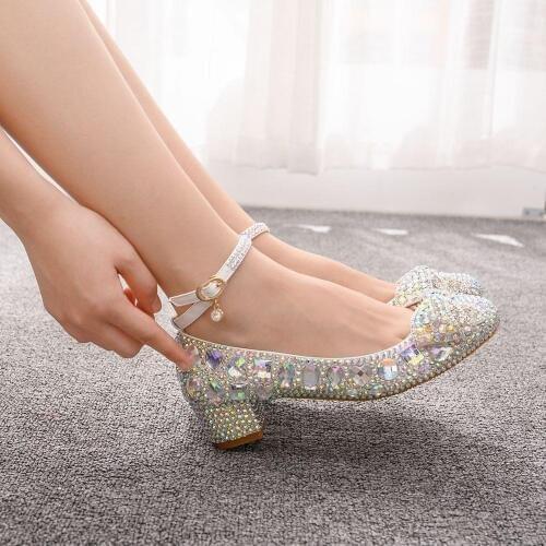 Crysta Queen 3CM Shoes Cinderella Women Heels Evening Party Glittering Round Toe Custom Color Rhinestone Bow Wedding Pumps