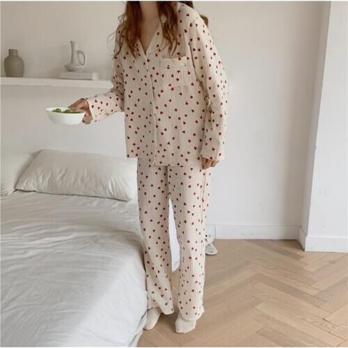 Comfortable soft cotton home clothes love heart print long shirts pants homewear sleepwear autumn women pajamas set cute Y140