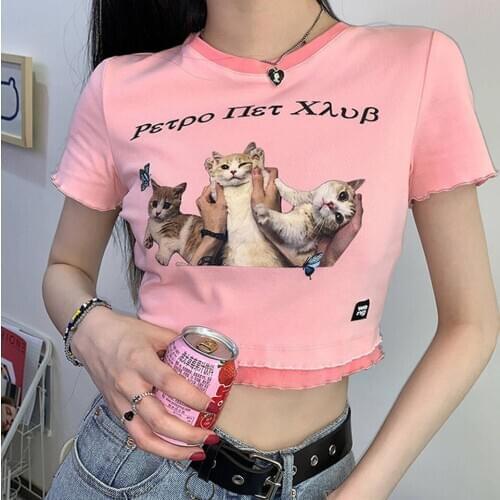 Female cartoon cat tops tees short sleeve casual print Ulzzang clothes kawaii harajuku album dropshipping vintage women T-shirt