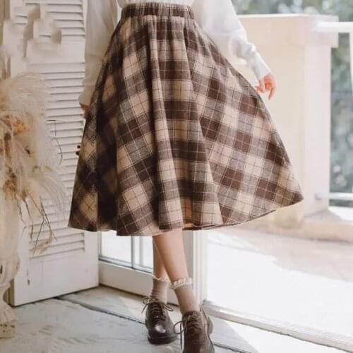 2021 NEW Autunm Winter Women Plaid A-line Skirts Female Vintage High Waist Woolen Thick Skirts Lady Vintage Midi Skirt
