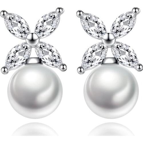 Simple Fashion 925 Sterling Silver AAAAA CZ Zircon Pearl Stud Earrings For Women Jewelry Oorbellen