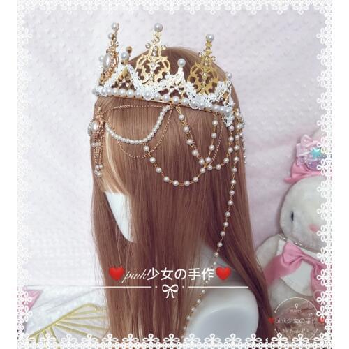 Lolita White gold Lace Headdress Crowns Headband Vintage Lolita Style Easter Festival Women Bead chain Crown Hair Accessories