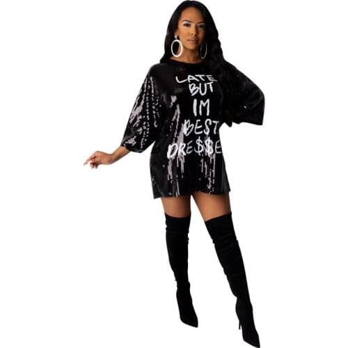 Letter Sequin Spliced Sexy T Shirt Dress Women O Neck Three Quarter Sleeve Short Dress High Street Female Loose Club Party Dress