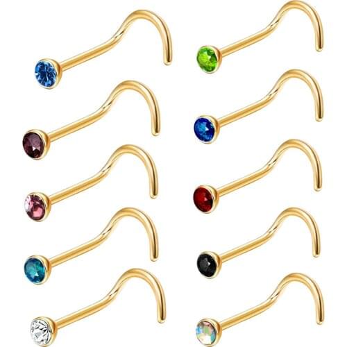 Gold Nose Stud Crystal Gem Screw Nose Rings Wholesales mix Colors Body Piercing Jewelry India Nose Pin Stud Barbebell