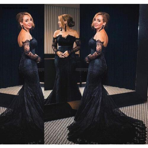2019 Black Mermaid Evening Dress Lace Long Sleeves Backless Formal Holidays Wear Graduation Party Gown Plus Size