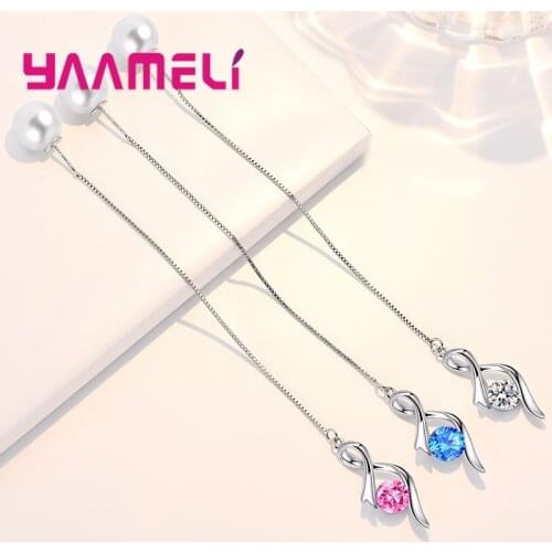 925 Sterling Silver Elegant Pearl Dangle Earrings For Women Girls Wedding Engagement CZ Crystal Fashion Jewelry Wholesale
