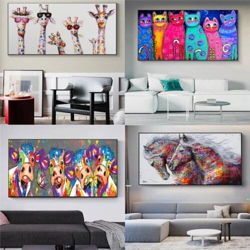 Abstract Watercolour Animal Oil Paintings on Canvas Funny Giraffe Elephant Cow Horse Posters Pictures Modern Living Room Decor