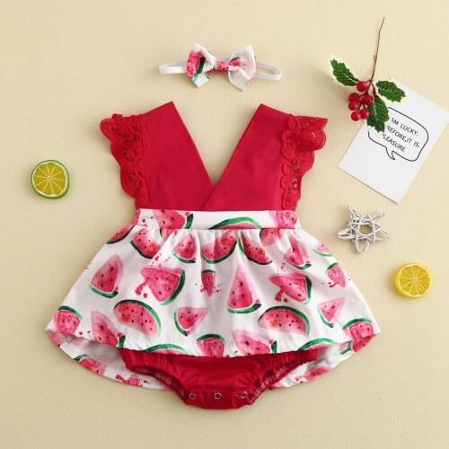 Baby Girls Bodysuit Ruffle Lemon Watermelon Lace V-neck Patchwork Dress Bodysuit Headband Set Toddler Newborn Baby Girl Clothes