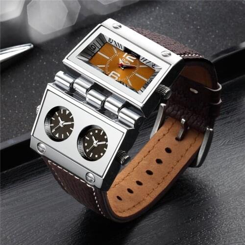 OULM HP9525 Big Dual Dial Male Clock Three Time Zone Unique Mens Military Watches Punk Style Leather Wristwatch Dropshipping