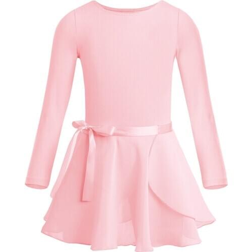 Kids Girls Long Sleeve Cotton Tulle Tutu Ballet Dance Leotard Dress for Performance Dancewear Clothes with Chiffon Tied Skirt