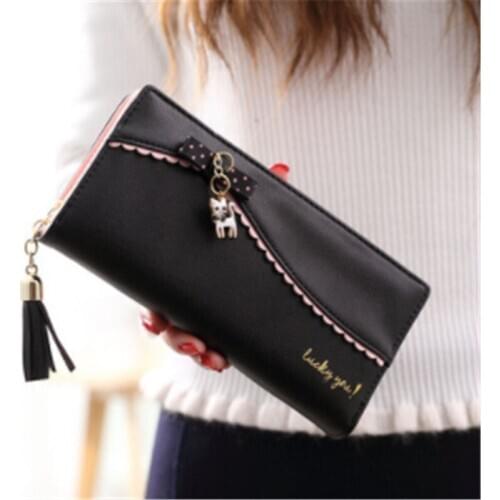 Womens Wallet New Korea Sweet Long Wallet Bow Lady Kitten Pendant Wallet Solid Card Holder Women Clutch Handbag Bag Sac A Main
