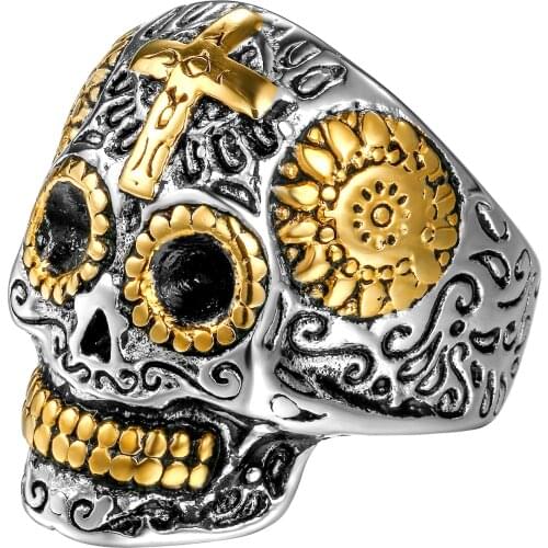 Halloween Hip hop Cool Skeleton Mens Rings Punk Rock Gothic Gold Color Cross Skull Stainless Steel Ring Jewelry For Man Gifts