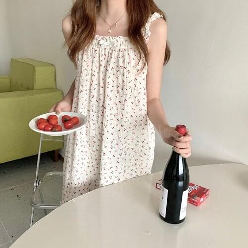 Summer Women 100% Cotton Sleepdress Spaghetti Strap Ruffles Comfortable Cute High Quality Loose Simple Little cherry Nightgowns