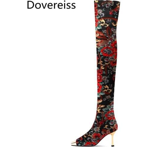 Dovereiss Fashion Womens Shoes Winter Elegant SquareToe Sexy Embroidery Stilettos heels Concise MatureOver the knee boots