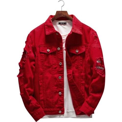 Mens red denim lapel jacket mens ripped denim jacket mens fashion casual denim jacket