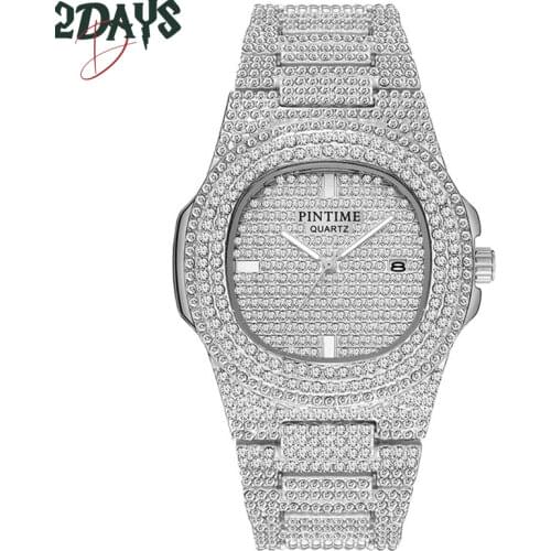 PINTIME Square Mens Watch Diamond Stainless Steel Date Quartz Watch Male Fashion Crystal Rhinstone Clock Relogio Masculi