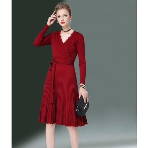 Autumn Winter Women Knitted Dress Sexy V Neck Lace Sweater Dresses Long Sleeve Sashes Slim Pleated Dress Party Vestidos SF975