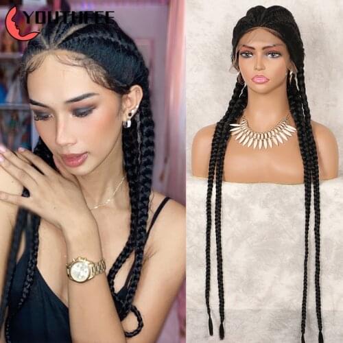 Youthfee Box Braid Wig Synthetic Braided Wigs Lace Part Wigs With Baby Hair 35" Double Dutch Braided Lace Front Wigs For Women