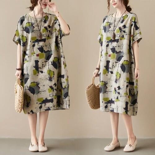 Real Shot Spring and Summer Womens Plus Size Literary Fan Cotton and Linen Printing Fat Sister Korean Dress