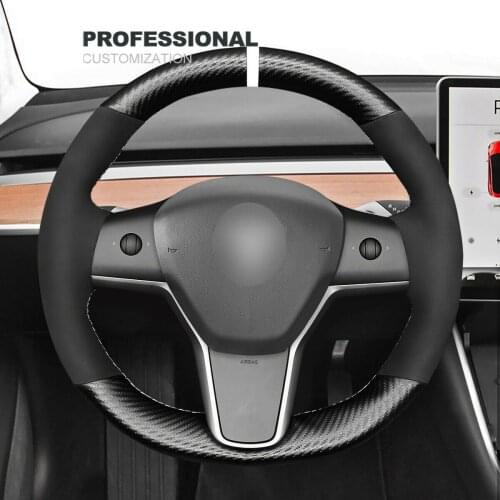 DIY Hand Stitching PU Carbon Fiber Black Leather Car Steering Wheel Cover for Tesla Model 3 2017-2020