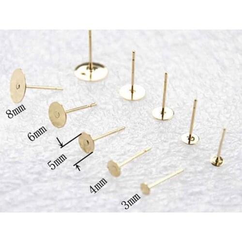 50pcs Surgical Gold Stainless Steel Earring Posts 3 4 5 6 8mm Flat Pads Blank Earring Base Setting for DIY Jewelry Making