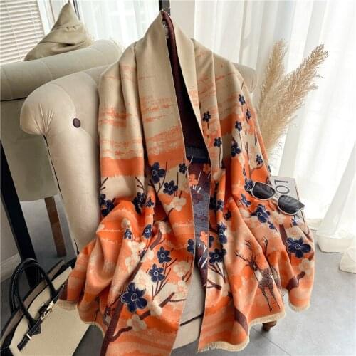 Design Printed Winter Scarf Women Cashmere Warm Pashmina Double Sided Foulard Lady Animal Deer Floral Shawls Wraps