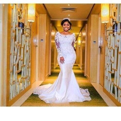 Mermaid Wedding Dress New Square Collar Beaded Lace Appliqued Long Sleeves Sweep Train African Wedding Gowns Church Dresse