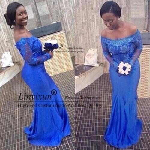 Mermaid African Blue Evening Dresses 2020 New Hot Selling Custom Made Sweep Train Off-the-shoulder Long Sleeve Prom Dresses