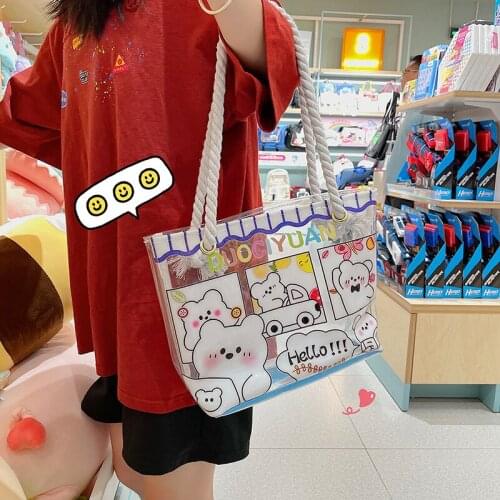 Japanese Lovely Cartoon Print Handbag Women PVC Waterproof Shoulder Bag Beach Bag Summer New Girls Transparent Jelly Bag Bolso