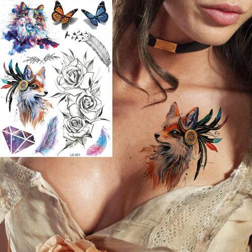 YURAN India Tribe Fox Feather Black Sketch Flower Tattoos Stickers Flash Cats Temporary Tattoos Women Girl Custom Body Art Tatto