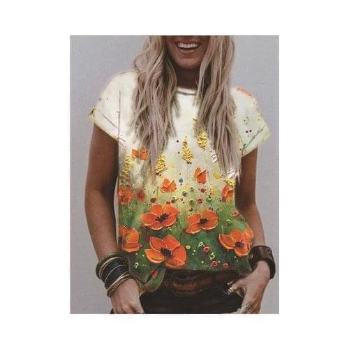 2021 Fashion Summer Loose Short-sleeved Round Neck Pullover Floral Print T-shirt Womens Casual Plus Size T-shirt Top