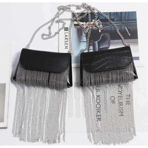 2021 Women Waist Packs With Long Fringe Tassel Black PU Waist Belt WIth Phone Bag Metal Chain Street Casual Ladies Messenger Bag