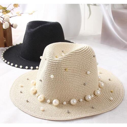 Seioum 2018 New Summer British pearl beading flat brimmed straw hat Shading sun hat Lady Jazz beach hat