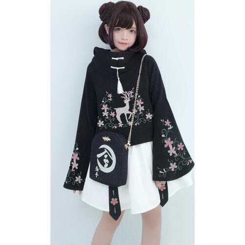 Chinese Style White Deer Flower Ring Embroidery Womens Winter Cape & Skirt Set Cute Warm Hooded Sweatshirt Hoodies