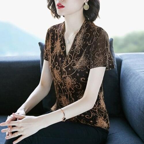 Women Spring Summer Style Lace Blouses Shirts Lady Casual V-Neck Short Sleeve Shinny Mesh Blusas Tops DD8813