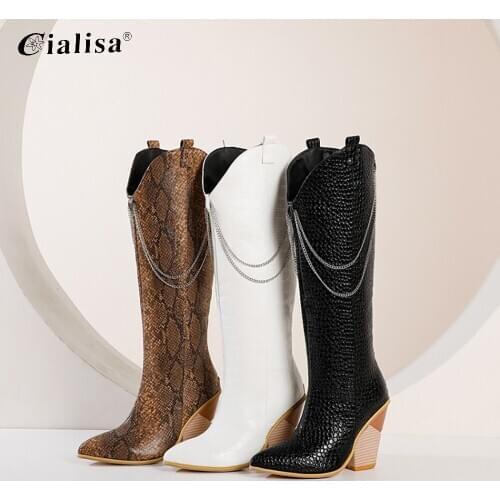 CIALSIA Boots Women New Design Warm Pu Leather Metal Decoration Over The Knee Winter Shoes Fashion High Heel High Boots