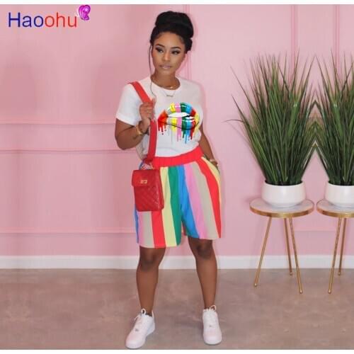 FNOCE Women 2 Pieces Set Mouth Stripe Print Color Block Short Sleeve Crop Tops Sweetwear Suits Chic Sports Clothes Sweet Girl