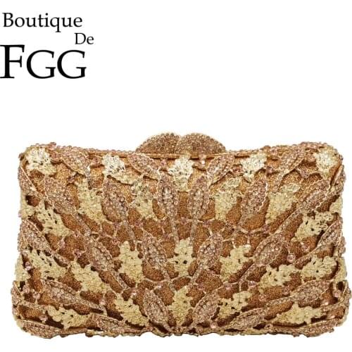 Boutique De FGG Elegant Champagne Crystal Flower Women Minaudiere Evening Bags Wedding Clutch Bridal Diamond Purses and Handbags