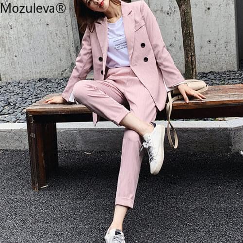Mozuleva Spring Woman Sets 2 Piece Striped Matching Pants Casual Double Breasted Office Elastic Waist Suits 2020 New femme