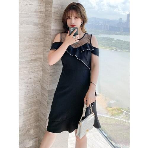 High quality Irregular wave point net yarn splicing tail swing women new summer dress