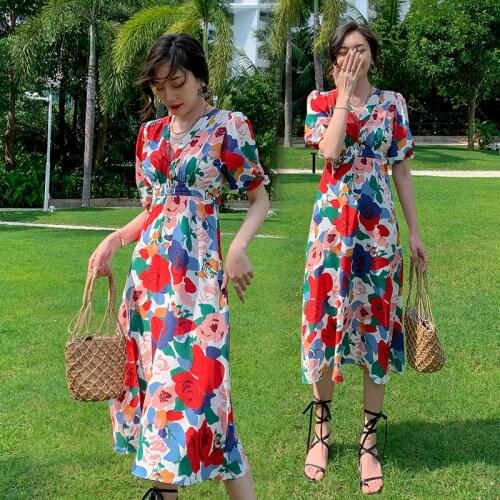 Women Long Floral Dress Summer 2021 Runway Elegant Boho Vintage Korean Fairy Casual Honeymoon Vacation Party Night Dresses New