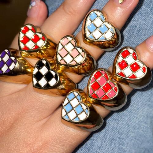2021 New Korean Metal Heart Plaid Enamel Rings For Women Golden HipHop Vintage Rings Charms Multicolor Ring Girls Summer Jewelry
