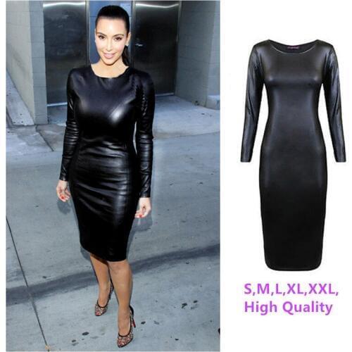 M-XXL NEW 2016 Women Long Sleeve Party Dress Leather Look Bodycon Dress Sexy Club Dress Fall Winter Office Casual Dress Vestidos