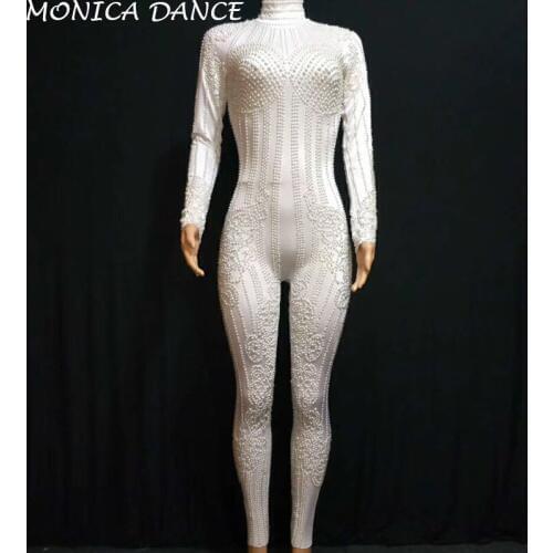 Women Sexy Stage White Pearls Stretch Bodysuit Stage Dance Wear Jumpsuit Womens Party Female Singer Costume Celebrate Outfit