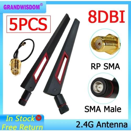 5pcs 2.4GHz WiFi Antenna 8dBi Aerial SMA Male Connector 2.4 ghz antena wi-fi 2.4G + 21cm PCI U.FL IPX to RP-SMA Pigtail Cable
