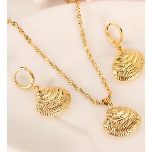 Africa 24 k Yellow Solid Gold cute shell Necklace earrings Trendy women Men Jewelry Charm Pendant Chain Animal Lucky Jewelry set