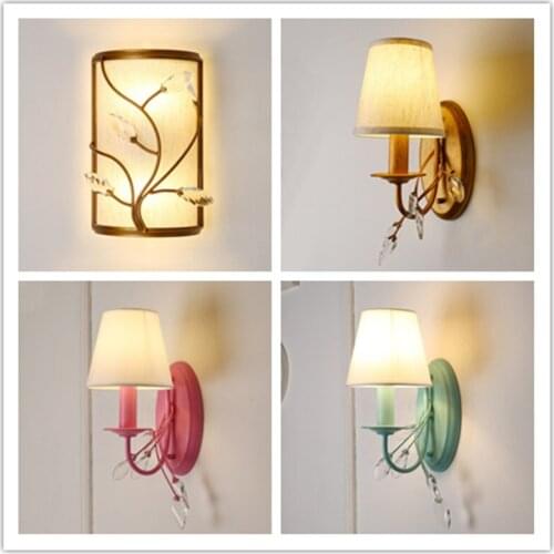 American Country Iron Crystal Fabric Wall Lamp Retro Pastoral Corridor Aisle Living Room Bedroom Bedside Lamp E14, AC 110V 240V