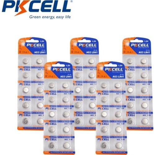 50Pcs/5card PKCELL AG3 1.5V 30mAh Button Batteries LR41 AG3 watch battery SR41W 392 192 192A LR736 for thermometer batteries