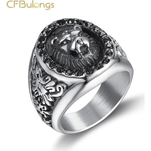 CFBulongs Vintage Gold Lion Head Mens Ring 316L Stainless Steel Animal Amulet Antique Silver Color Male Jewelry Party Gift